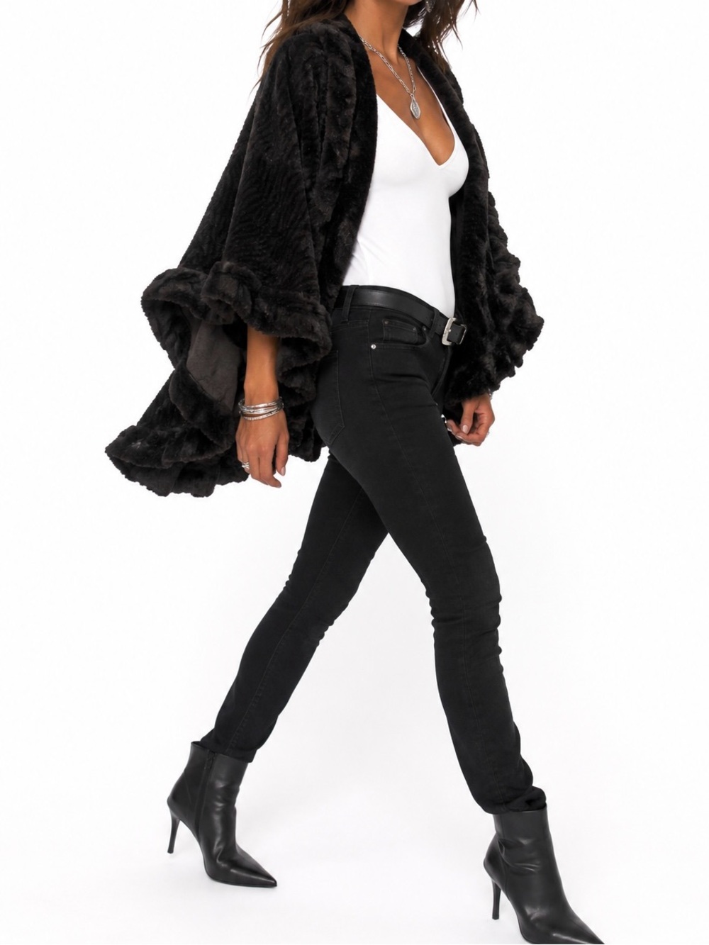 Vintage Textured Velvet Faux Fur Shawl Gray Black One Size